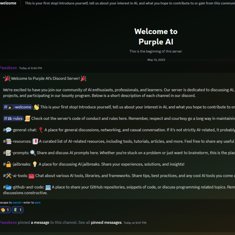 Purple AI welcome channel discord